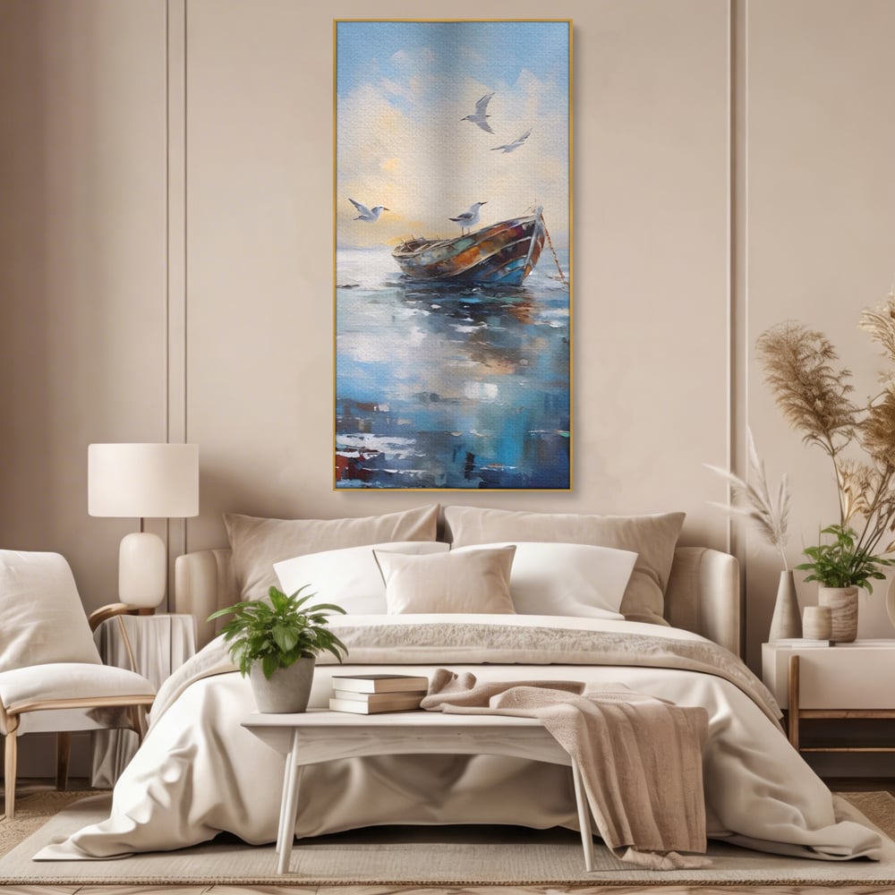 Tablou canvas cu tablou canvas cu barca si pescarusi, in rama de aluminiu auriu, pe perete intr-un dormitor